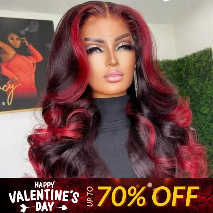 Valentine's Day Flash Sale: Loose Wave 13x4 HD Lace Ombre Dark Burgundy With Rose Red Highlight Wigs, 48hrs Limit