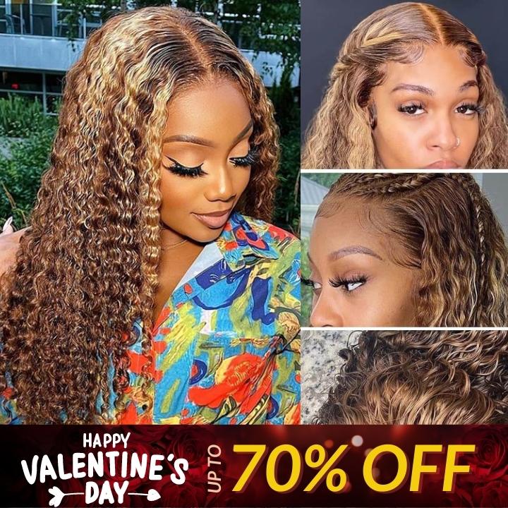 Valentine's Day Flash Sale:13x4 HD Lace Curly Hair Honey Blond Highlights Wig, 48hrs Only