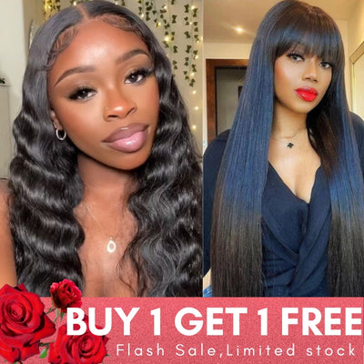 Flash Sale: Buy 180% Density Loose Deep Wave 13*4 Lace Wig, Get Straight Wig With Bangs For Free