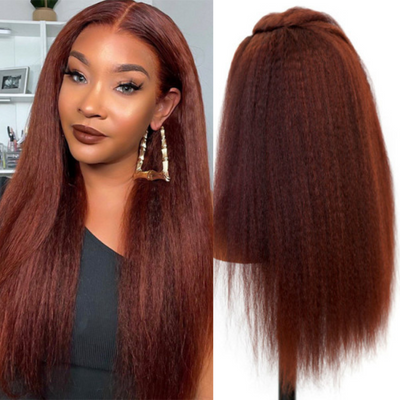 Reddish Brown 13x4/4x4 HD Transparent Lace Wig Kinky Straight Auburn Glueless Human Hair Wigs