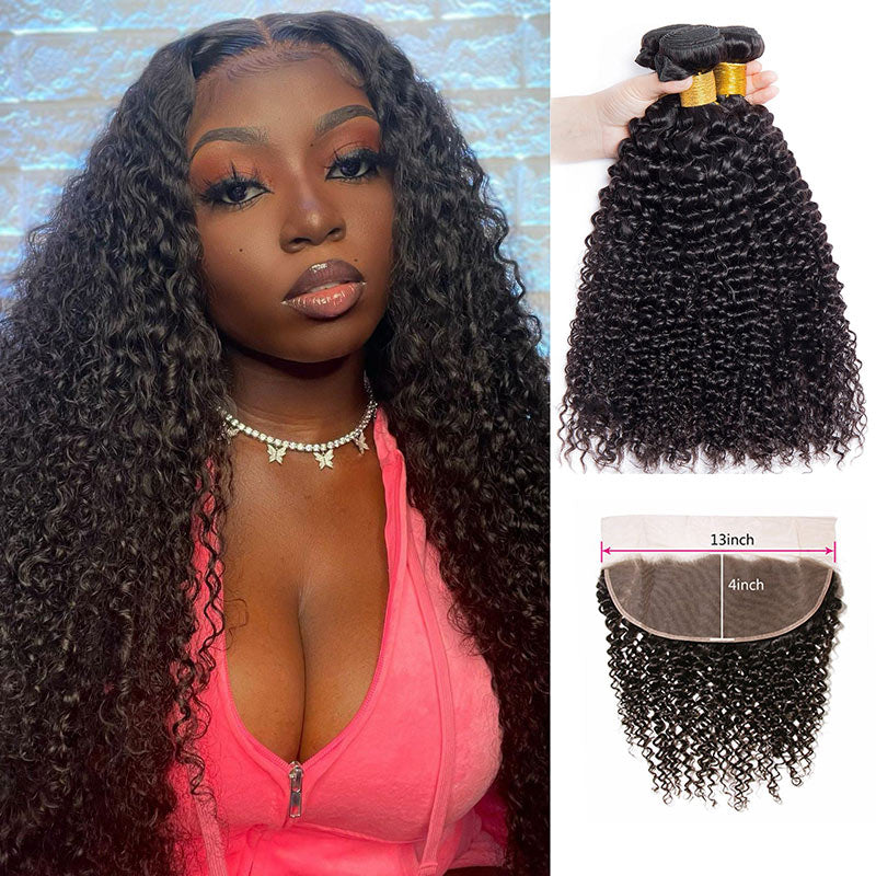 GeetaHair Curly Hair 3 Bundles With 13x4 Lace Frontal 100% Remi Human Hair
