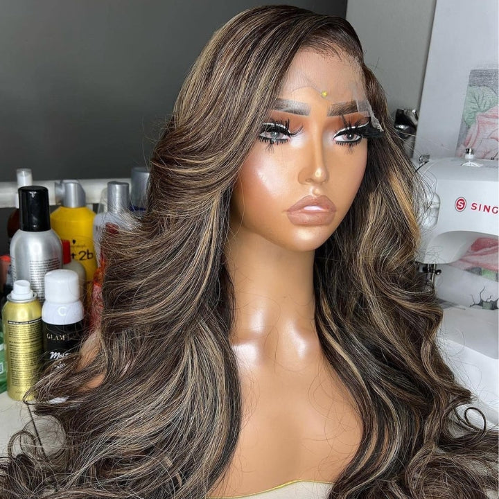 Glueless Highlight Blonde Straight/Body Wave Transparent 5x5 Lace Part Wig Brown Highlights Human Hair Wave Wigs-Geetahair