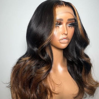 Funky Colored Wigs | Glueless 13x4/6x4.5 Money Piece Brown Mix Black Body Wave HD Transaparent Pre Cut Lace Human Hair Wigs With Breathable Cap Highlights Air Wig-Geeta Hair