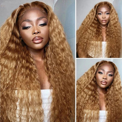 Honey Blonde Water Wave 13x4/4x4 HD Lace Frontal Wig Golden Brown Transparent Lace Human Hair Wigs