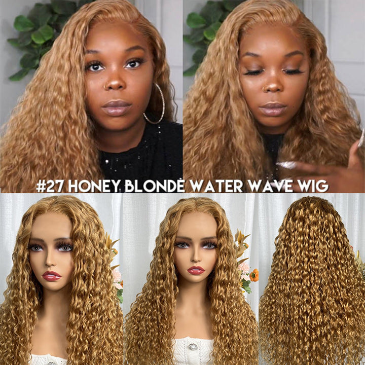 Honey Blonde Water Wave 13x4/4x4 HD Lace Frontal Wig Golden Brown Transparent Lace Human Hair Wigs