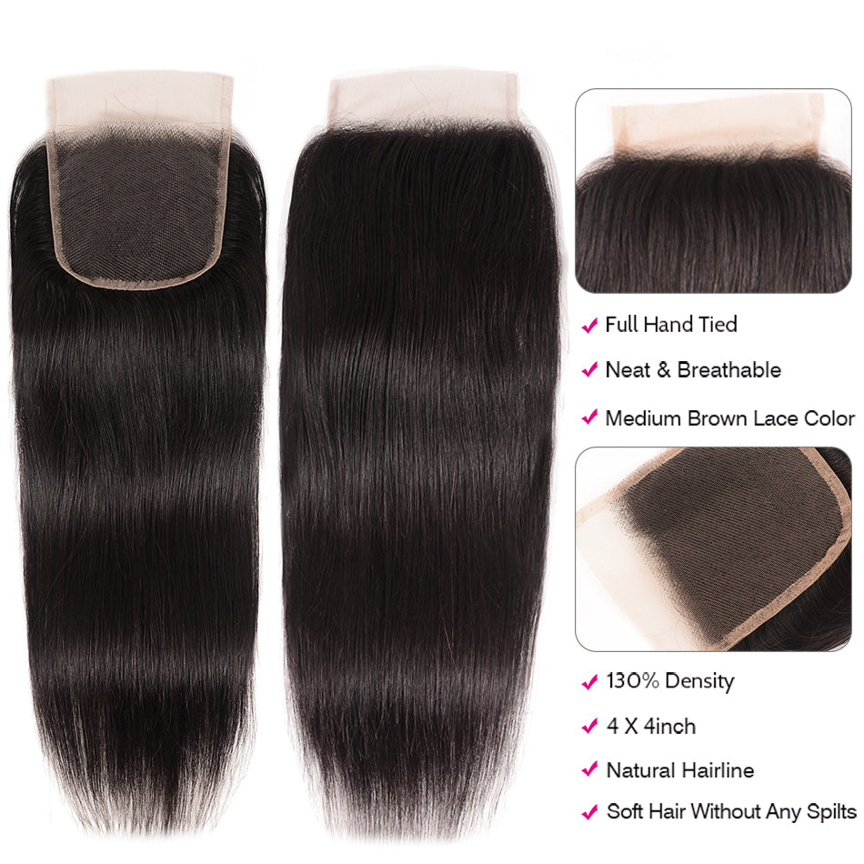 GeetaHair Straight Hair 4 Bundles with 4x4 Lace Closure 100% Unprocessed Human Hair