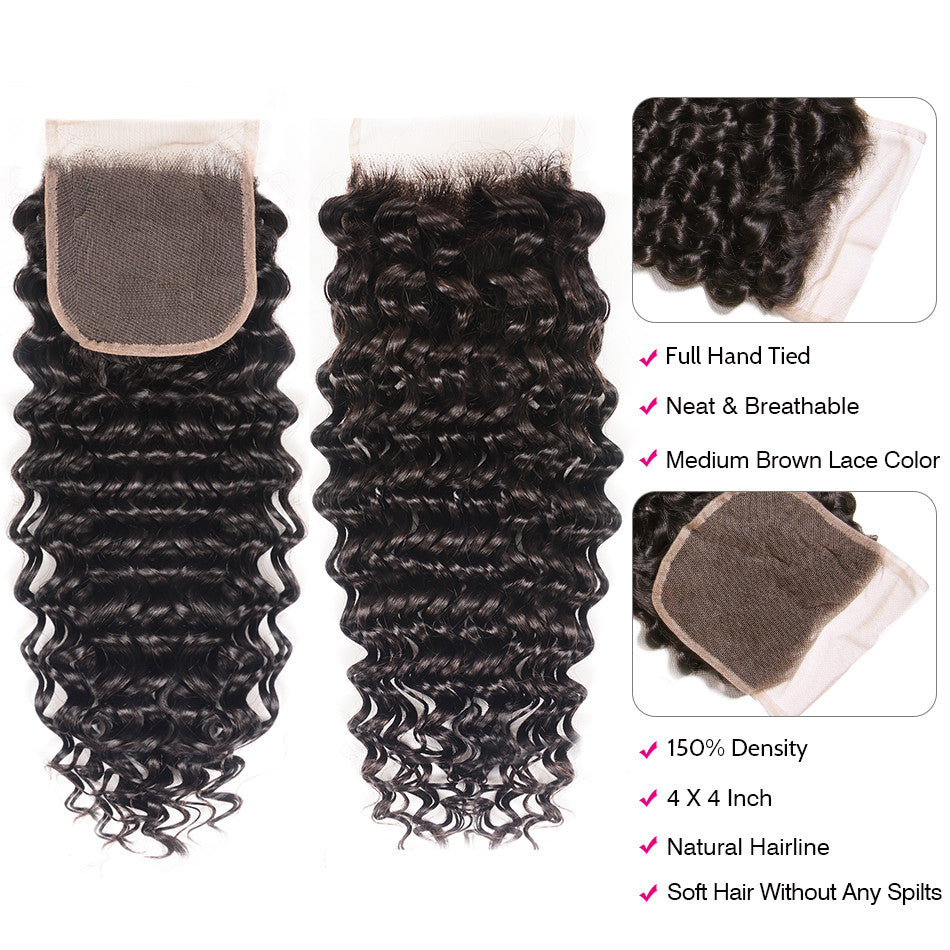GeetaHair Deep Wave Hair 3 Bundles with 4x4 Lace Closure 100% Human Hair Extension Weaves