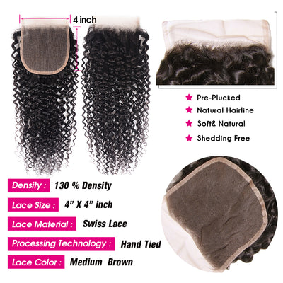 GeetaHair Kinky Curly Hair 3 Bundles with 4x4 Lace Closure 100% Remi Human Hair Soft Shiny Wave Hair