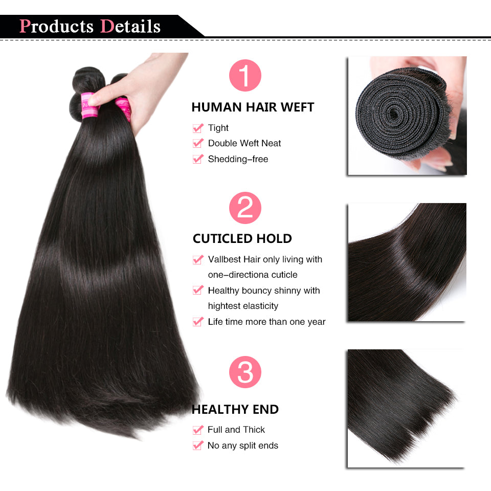 GeetaHair Long Straight Hair 3 Bundles With 4x4 Lace Closure 100% Virgin Human Hair