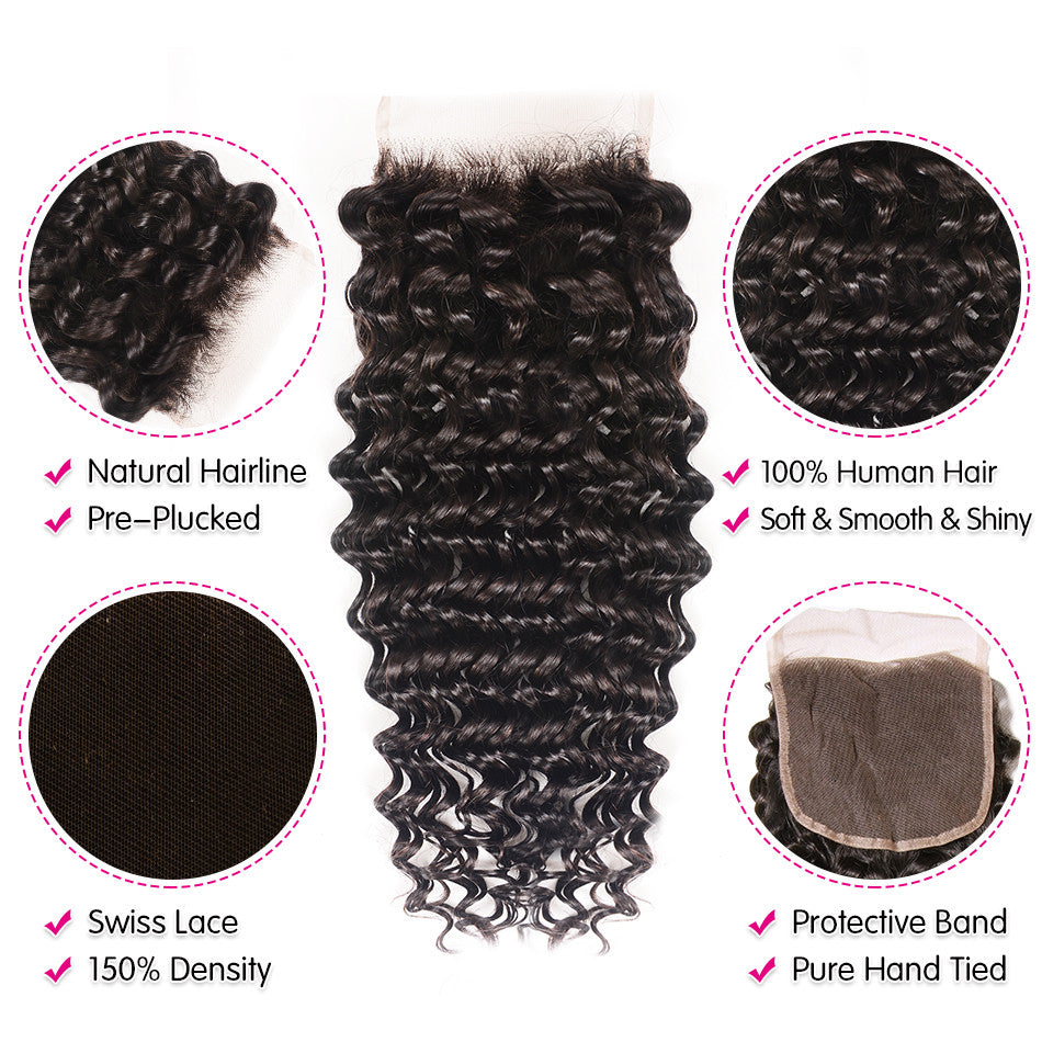 GeetaHair Deep Wave Hair 3 Bundles with 4x4 Lace Closure 100% Human Hair Extension Weaves