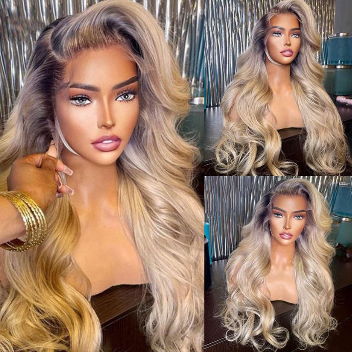 Highlight Ash Blonde Body Wave Lace Front Wig #613 Color Human Hair Wigs With Dark Roots-Geeta Hair