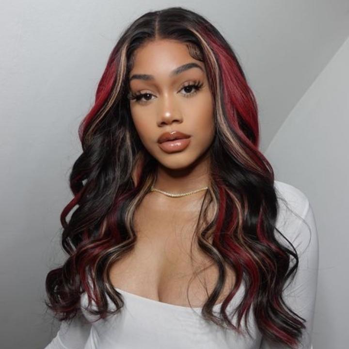 Highlight Black with Red & Blonde Straight/Body Wave 13x4 Lace Front Wig With Multi Color Highlights Loose Wave Human Hair Wigs-GeetaHair