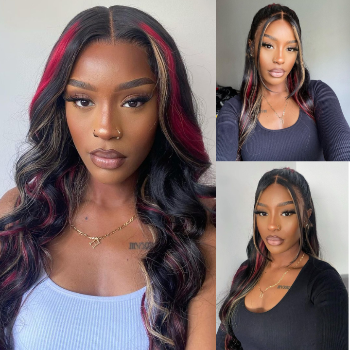 Buy 1 Get 1 Free: Highlight Black with Red & Blonde Body Wave 13x4 Lace Front Wig- Flash Sale