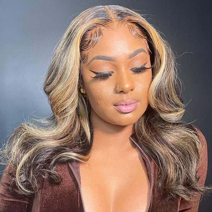 Blonde Balayage on Dark Brown Hair Body Wave Lace Front Wig Highlight HD Transparent Human Hair Wigs