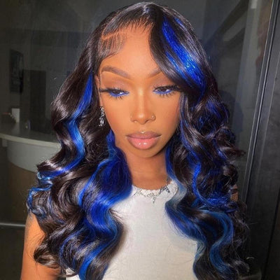 Funky Colored Wigs | Highlight Blue Body Wave Transparent Lace Front Color Wigs Glueless Human Hair Wigs For Women-Geeta Hair