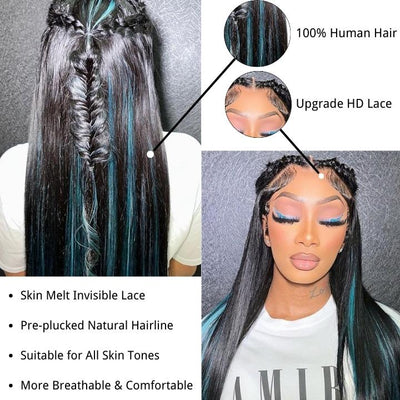 Funky Colored Wigs | Highlight Bluish Green Straight HD Transparent Lace Wig Moeny Piece Colored Natural Hairline Human Hair Wigs-Geeta Hair
