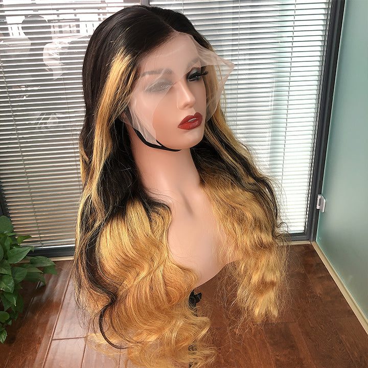 Skunk Stripe Hair Body Wave Lace Front Wig With Honey Blonde Highlight HD Transparent Lace Human Hair Wigs