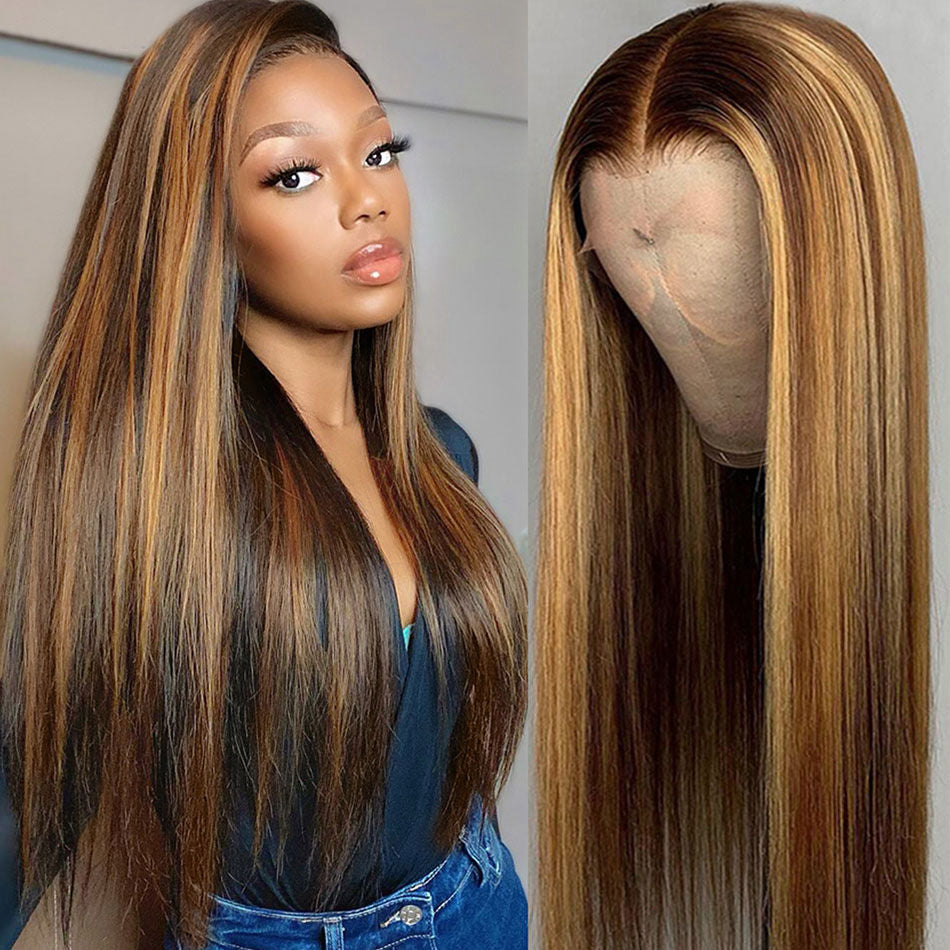 Straight Hair Honey Blonde Highlight Wig 13x4 HD Transparent Lace Human Hair Wigs Pre Plucked With Baby Hair-Geetahair