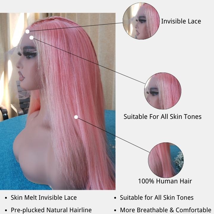 Funky Colored Wigs | Highlight Pink With 613 Blonde Transparent Lace Front Wig Straight Highlights Trendy Color Human Hair Wigs-Geeta Hair