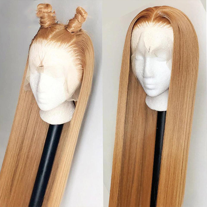 Honey Blonde Straight HD Transparent Lace Front Wig #27 Color  Glueless Pre Plucked Hairline Real Human Hair Wigs