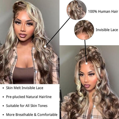 Ash Blonde Balayage Straight/Body Wave Lace Front Wig Tea Brown Colored Human Hair Wigs With Highlights