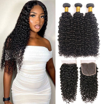 GeetaHair Black Curly Hair 3 Bundles with 4x4 Lace Closure 100% Virgin Human Hair Weave