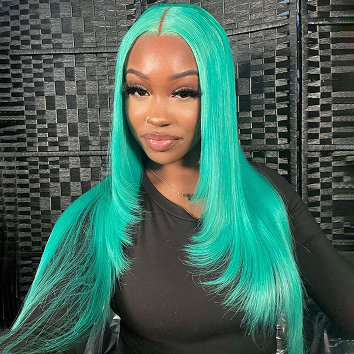 Mint Green Layered Straight Hair Glueless Lace Front Wig Lake Blue Butterfly Haircut Human Hair Wigs