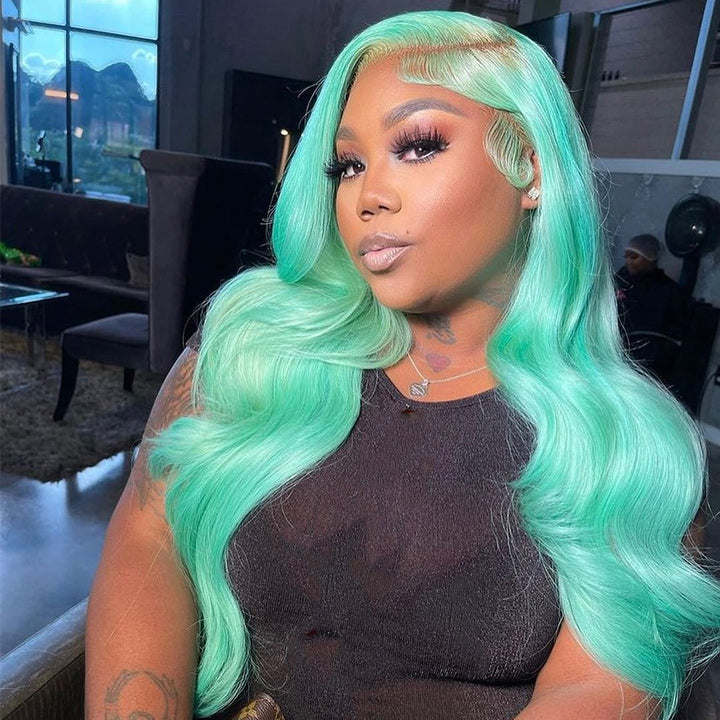 Mint Green Body Wave Lace Front Wig Colored Glueless HD Transparent Lace Human Hair Wigs-Geeta Hair