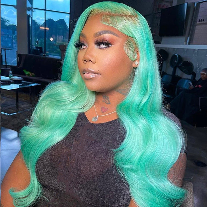 Mint Green Body Wave Lace Front Wig Colored Glueless HD Transparent Lace Human Hair Wigs-Geeta Hair