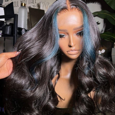 Funky Colored Wigs | Money Piece Highlight Blue 13x4/4x4 Transparent Lace Front Wig Skunk Stripe Straight/Body Wave Lace Color Human Hair Wigs-Geeta Hair