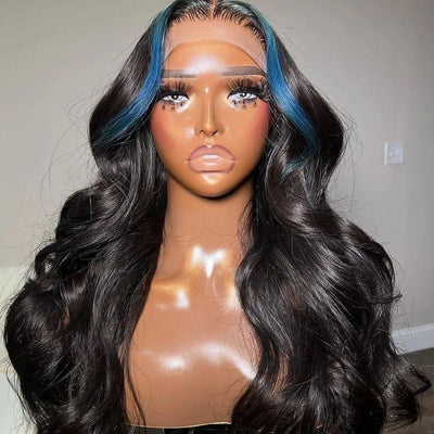 Funky Colored Wigs | Money Piece Highlight Blue 13x4/4x4 Transparent Lace Front Wig Skunk Stripe Straight/Body Wave Lace Color Human Hair Wigs-Geeta Hair