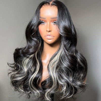 Funky Colored Wigs | Glueless 13x4/6x4.5 Money Piece Light Blonde Mix Black Body Wave Pre Cut HD Transaparent Lace Human Hair Wigs With Breathable Cap Highlights Air Wig-Geeta Hair