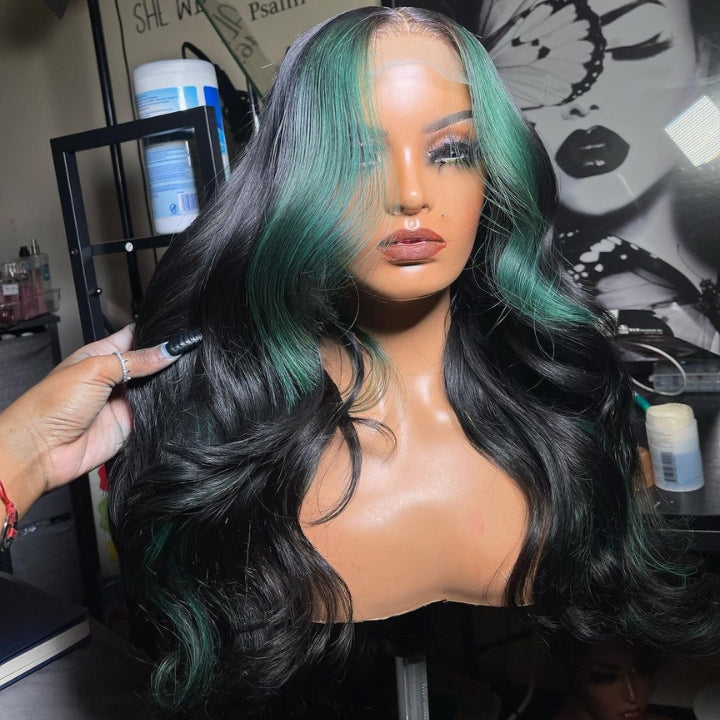 Funky Colored Wigs | Glueless 13x4/6x4.5 Money Piece Mint Green Body Wave HD Transaparent Pre Cut Lace Human Hair Wigs With Breathable Cap Skunk Stripe Air Wig-Geeta Hair