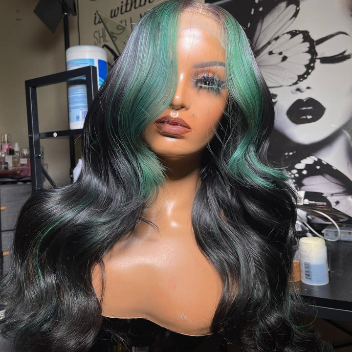 Funky Colored Wigs | Glueless 13x4/6x4.5 Money Piece Mint Green Body Wave HD Transaparent Pre Cut Lace Human Hair Wigs With Breathable Cap Skunk Stripe Air Wig-Geeta Hair