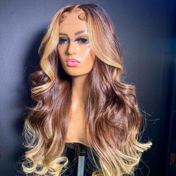 Skunk Stripe Brown With Blonde Body Wave Lace Front Wig Ombre Blonde Highlight Human Hair Wigs