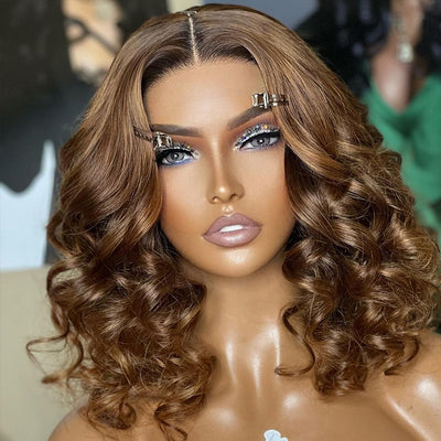 Ombre Brown Loose Wave 13x4/4x4 Lace Front Bob Wig Glueless HD Transparent Lace Human Hair Bob Wigs