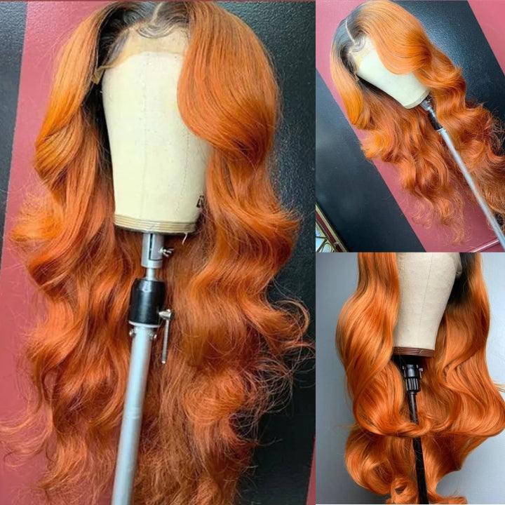 Orange Ginger Body Wave Wig With Black Roots Pre Plucked Natural Hairline Glueless Real Human Hair Wigs