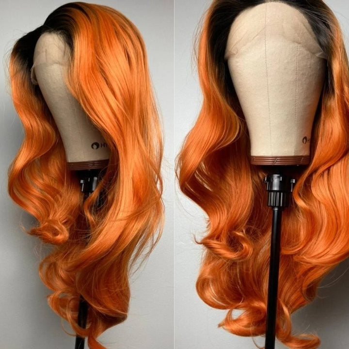 Orange Ginger Body Wave Wig With Black Roots Pre Plucked Natural Hairline Glueless Real Human Hair Wigs
