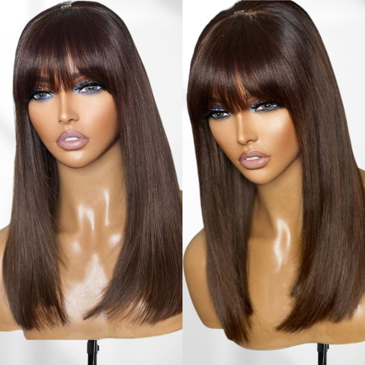 Put On&Go Brown Straight Glueless 5x5 HD Lace Wig With bangs Easy to Wear Lace Human Hair Wigs-GeetaHair
