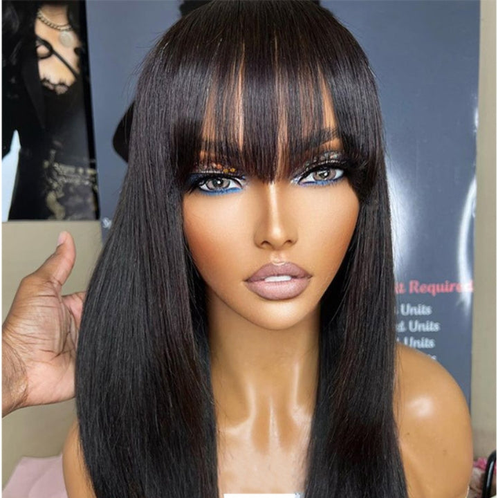 Glueless Straight 5x5 HD Lace Wig With bangs Easy to Wear Human Hair Wigs 180% Density-Geeta Hair