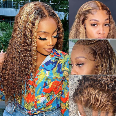 Valentine's Day Flash Sale:13x4 HD Lace Curly Hair Honey Blond Highlights Wig, 48hrs Only
