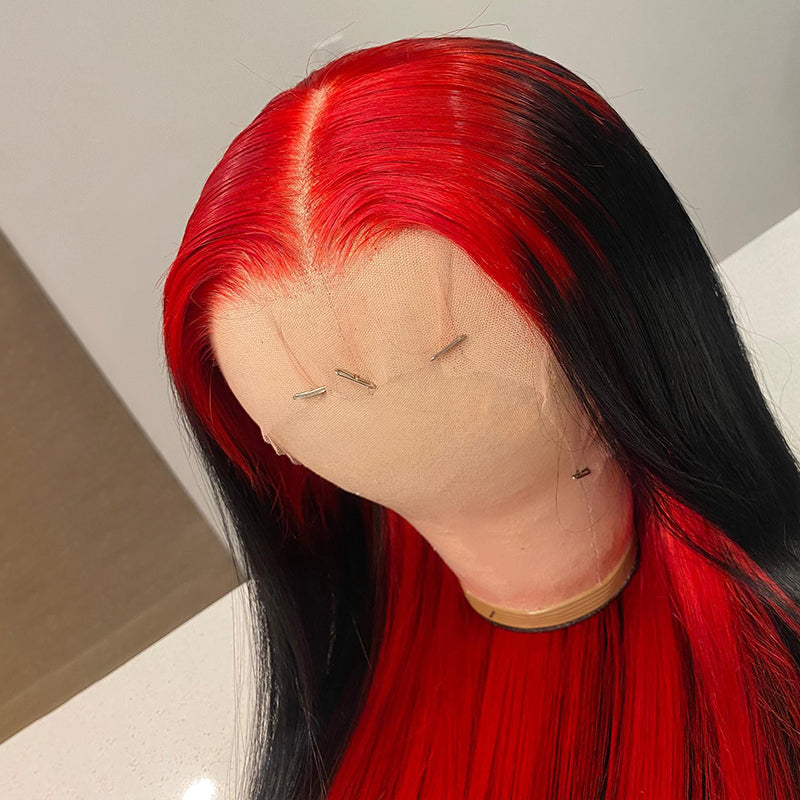 Sparkle Red Roots Long Straight Front Lace Wigs Colored Bone Straight Human Hair Wigs
