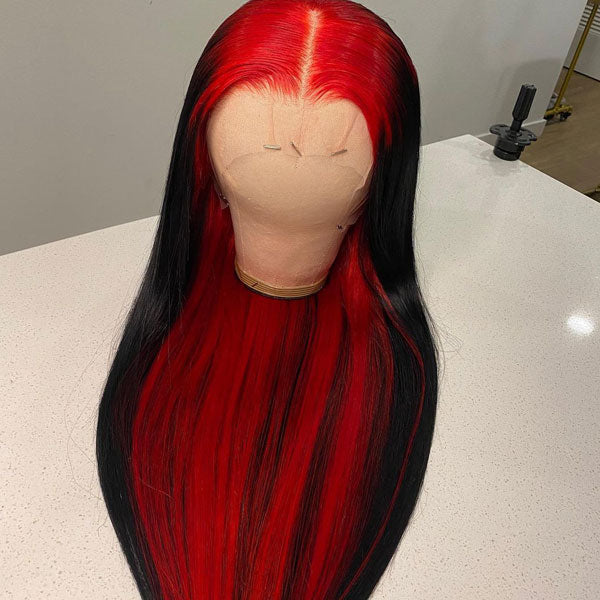 Sparkle Red Roots Long Straight Front Lace Wigs Colored Bone Straight Human Hair Wigs
