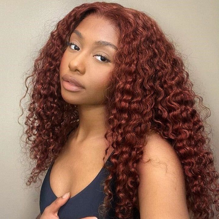 Reddish Brown Deep Wave Tranparent Lace Front Wig Auburn Deep Hairline HD Clear Lace Human Hair Wigs