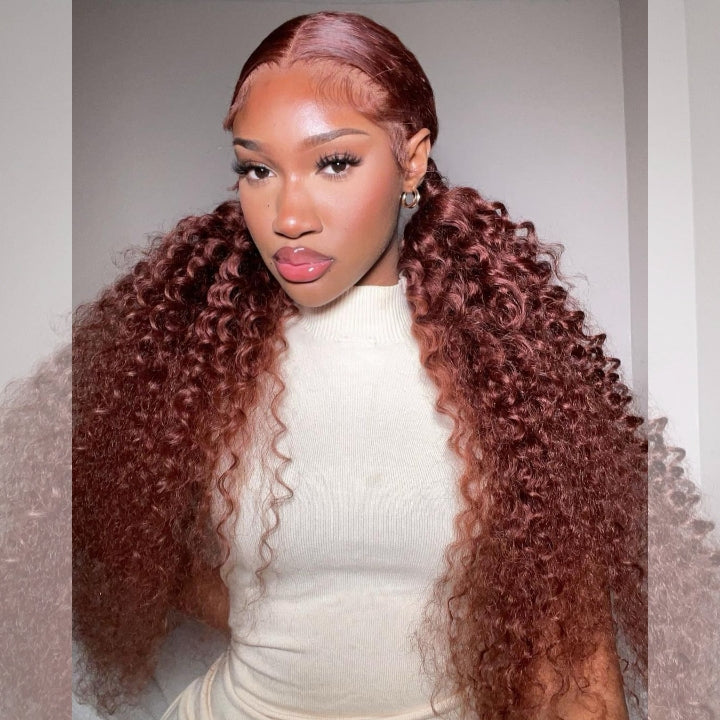 Reddish Brown Jerry Curly 13x4 HD Lace Front Wig Auburn Transparent Lace Human Hair Wigs