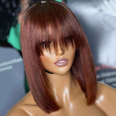 Flash Sale: Buy Straight Bob Wig With Bangs, Get Reddish Brown Same Length One For Free, Machine Made No Lace Wig