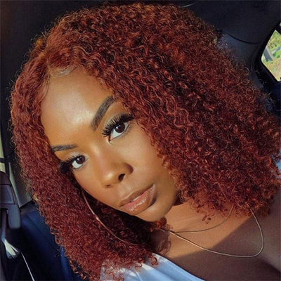 Reddish Brown Kinky Curly HD Lace Bob Wig Auburn Afro Curly Invisible Lace Human Hair Bob Wigs