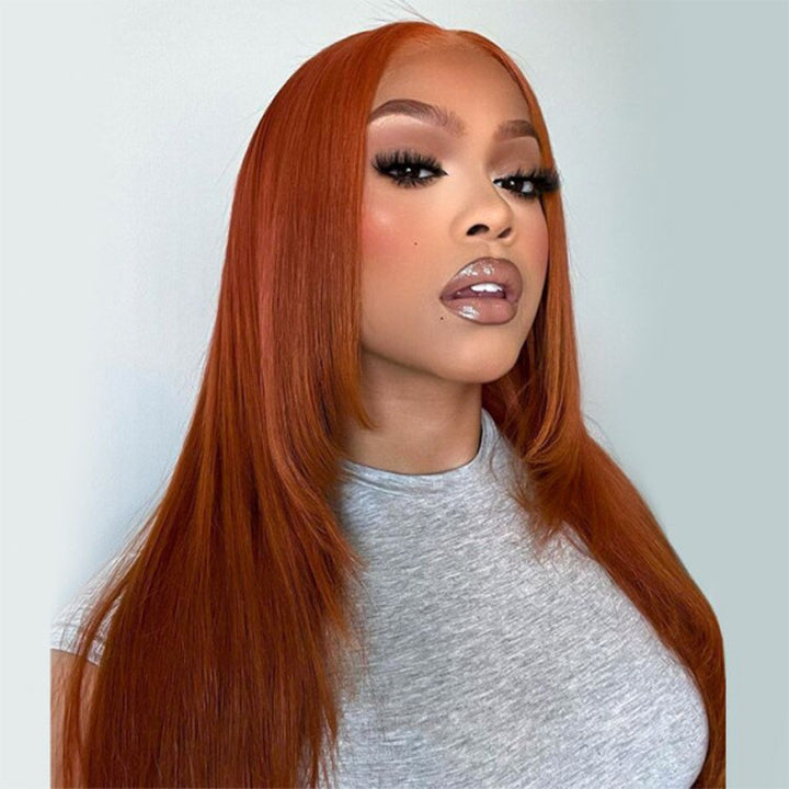 Ginger Layered Straight 13x4 HD Transparent Lace Frontal Wig Ginger/99j Color Butterfly Haircut Human Hair Wigs