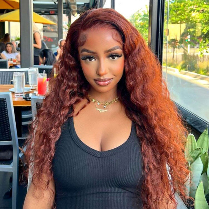 Reddish Brown Water Wave 13x4 Glueless HD Lace Front Wig Auburn Colored Transparent 5x5 Closure Lace Human Hair Wigs