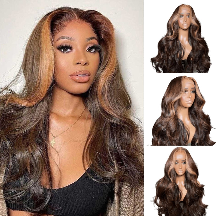 Skunk Stripe Brown Body Wave HD Transparent Lace Front Wig Face Frame Highlights Human Hair Wigs